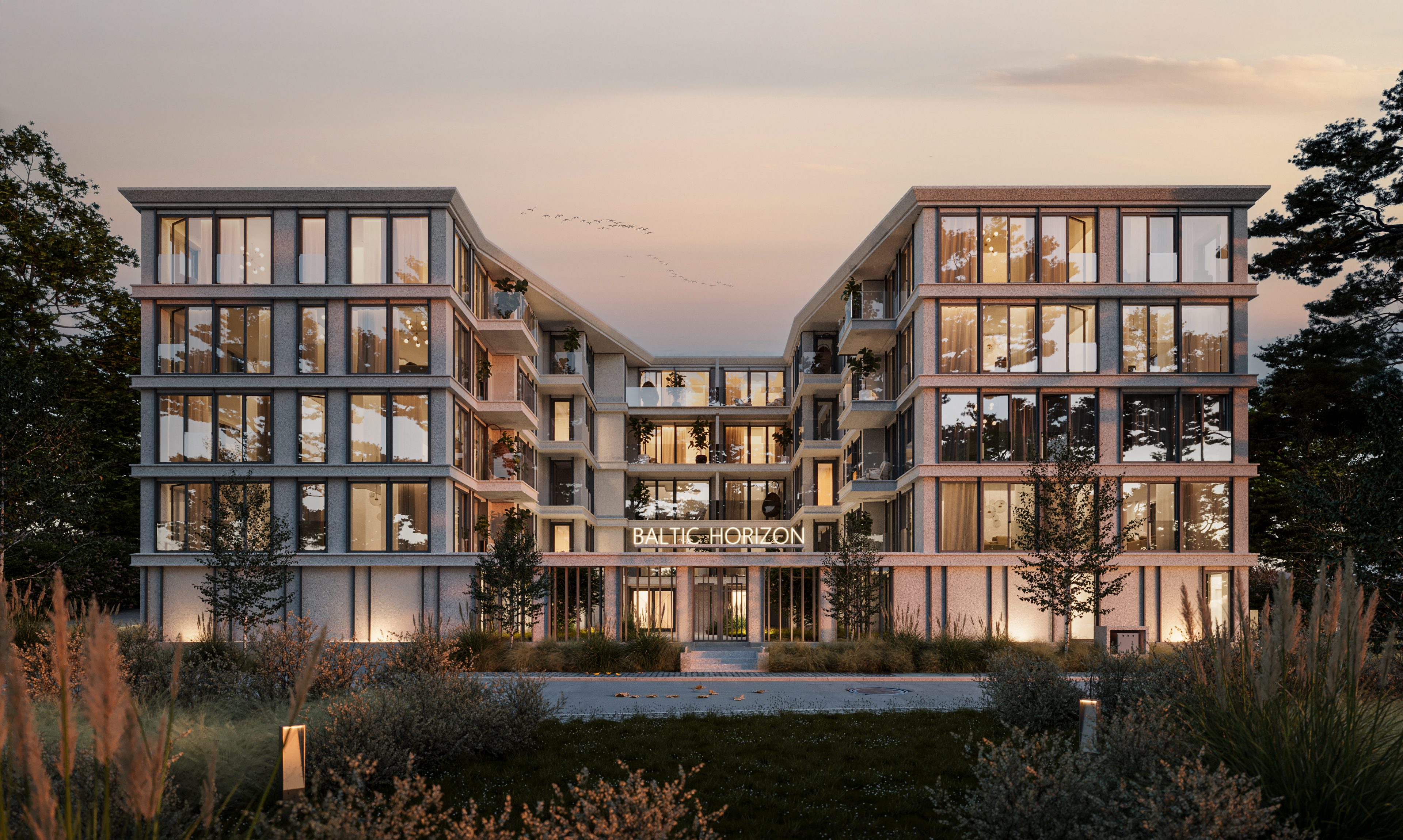 3D rendering Miami – Baltic Horizon – 3D rendering of a seaside apartment hotel